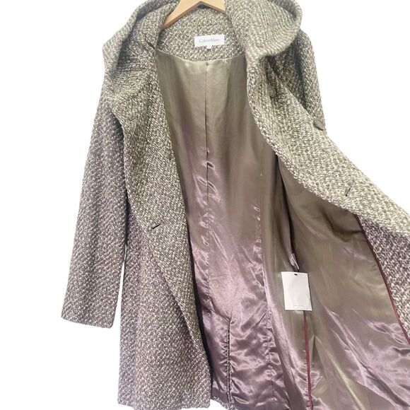 NEW Calvin Klein Tweed Belted Coat With Hood Tan Brown Cream Wool Size 12 NWOT - Picture 6 of 12